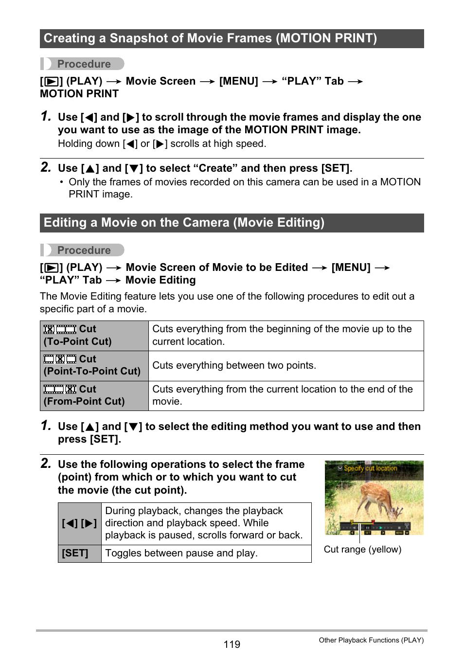 Creating a snapshot of movie frames (motion print), Editing a movie on the camera (movie editing) | Casio EXILIM EX-ZR20 User Manual | Page 119 / 197