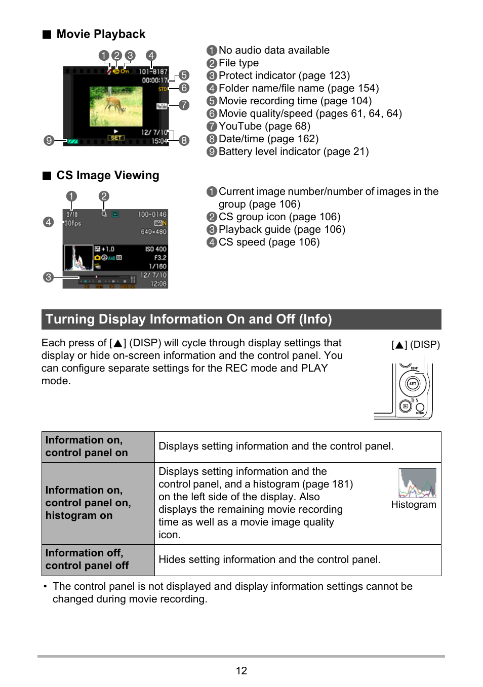 Turning display information on and off (info) | Casio EXILIM EX-ZR20 User Manual | Page 12 / 197