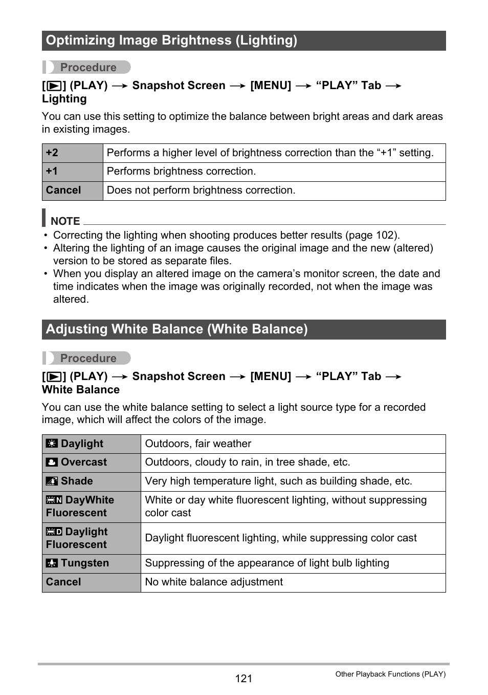 Optimizing image brightness (lighting), Adjusting white balance (white balance) | Casio EXILIM EX-ZR20 User Manual | Page 121 / 197