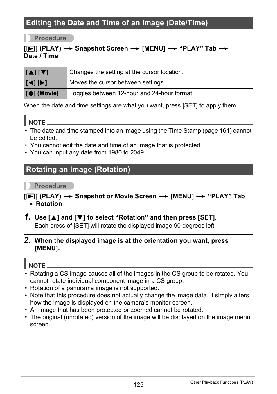 Editing the date and time of an image (date/time), Rotating an image (rotation) | Casio EXILIM EX-ZR20 User Manual | Page 125 / 197