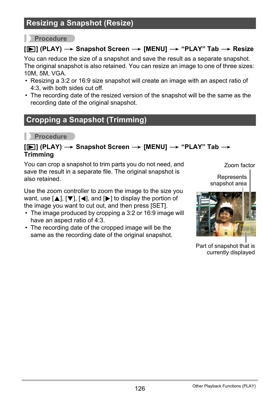 Resizing a snapshot (resize), Cropping a snapshot (trimming) | Casio EXILIM EX-ZR20 User Manual | Page 126 / 197