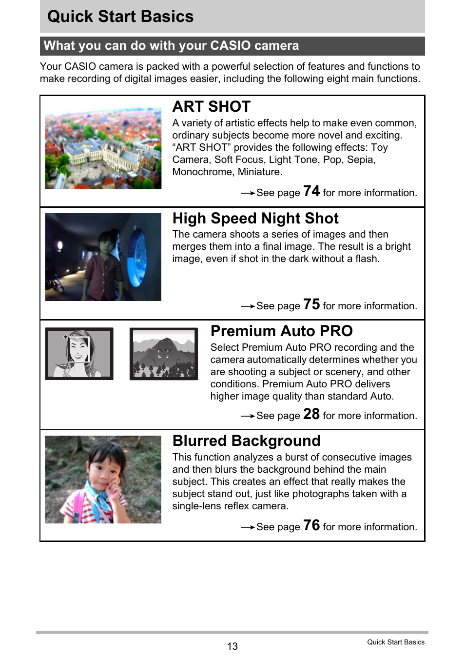 Quick start basics, What you can do with your casio camera, Art shot | High speed night shot, Premium auto pro, Blurred background | Casio EXILIM EX-ZR20 User Manual | Page 13 / 197