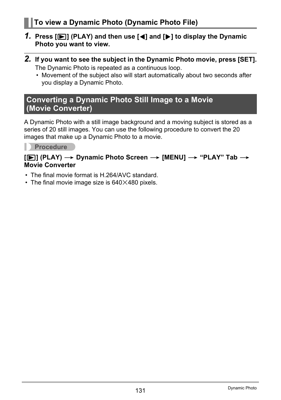 To view a dynamic photo (dynamic photo file) | Casio EXILIM EX-ZR20 User Manual | Page 131 / 197