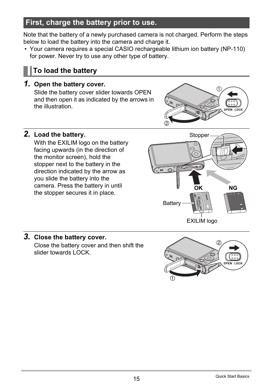 First, charge the battery prior to use, To load the battery | Casio EXILIM EX-ZR20 User Manual | Page 15 / 197