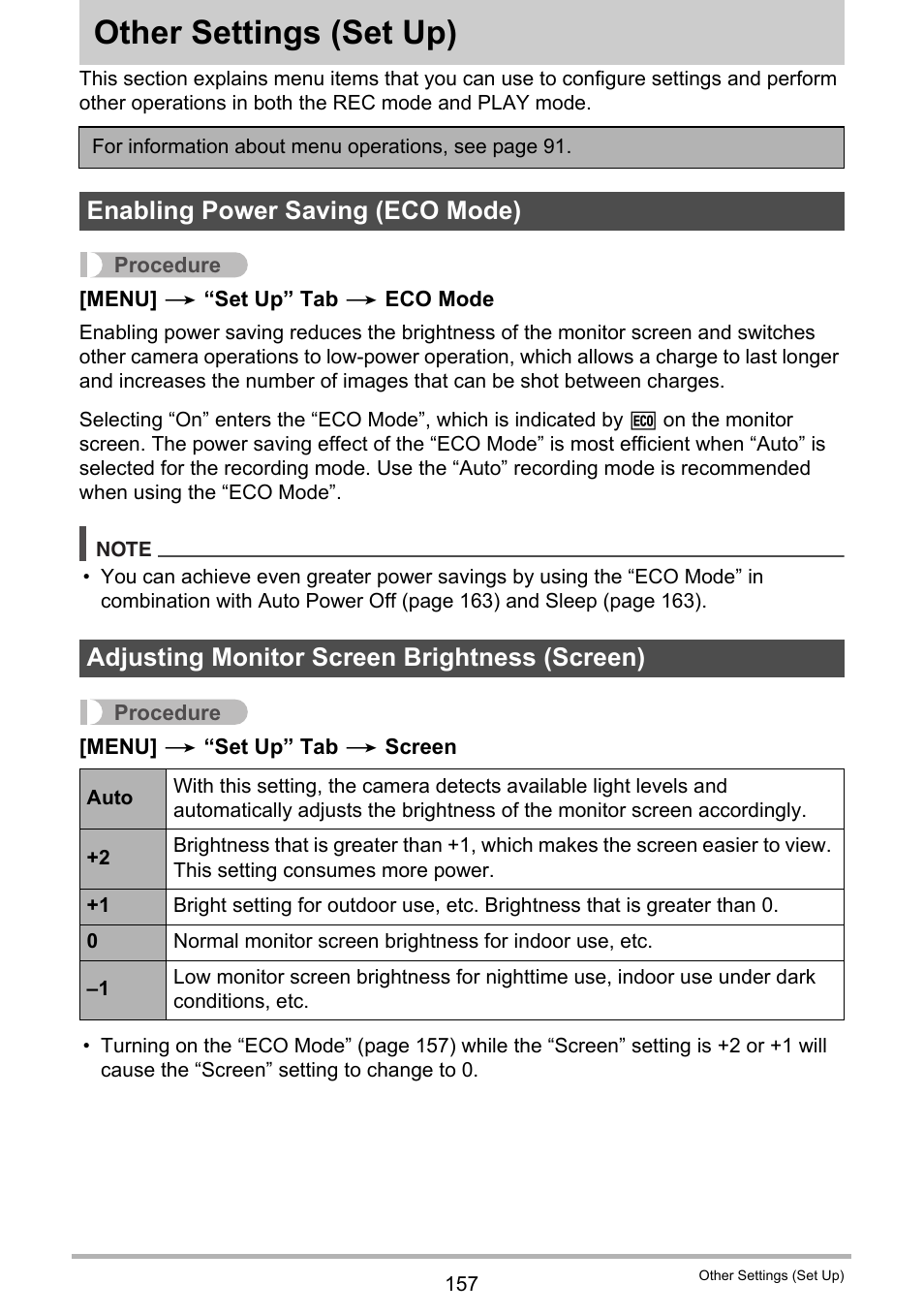 Other settings (set up), Enabling power saving (eco mode), Adjusting monitor screen brightness (screen) | Other settings, Set up) 157 | Casio EXILIM EX-ZR20 User Manual | Page 157 / 197