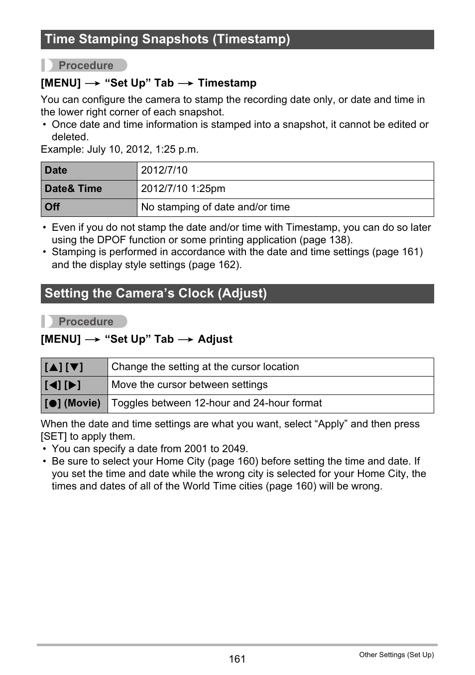 Time stamping snapshots (timestamp), Setting the camera’s clock (adjust) | Casio EXILIM EX-ZR20 User Manual | Page 161 / 197