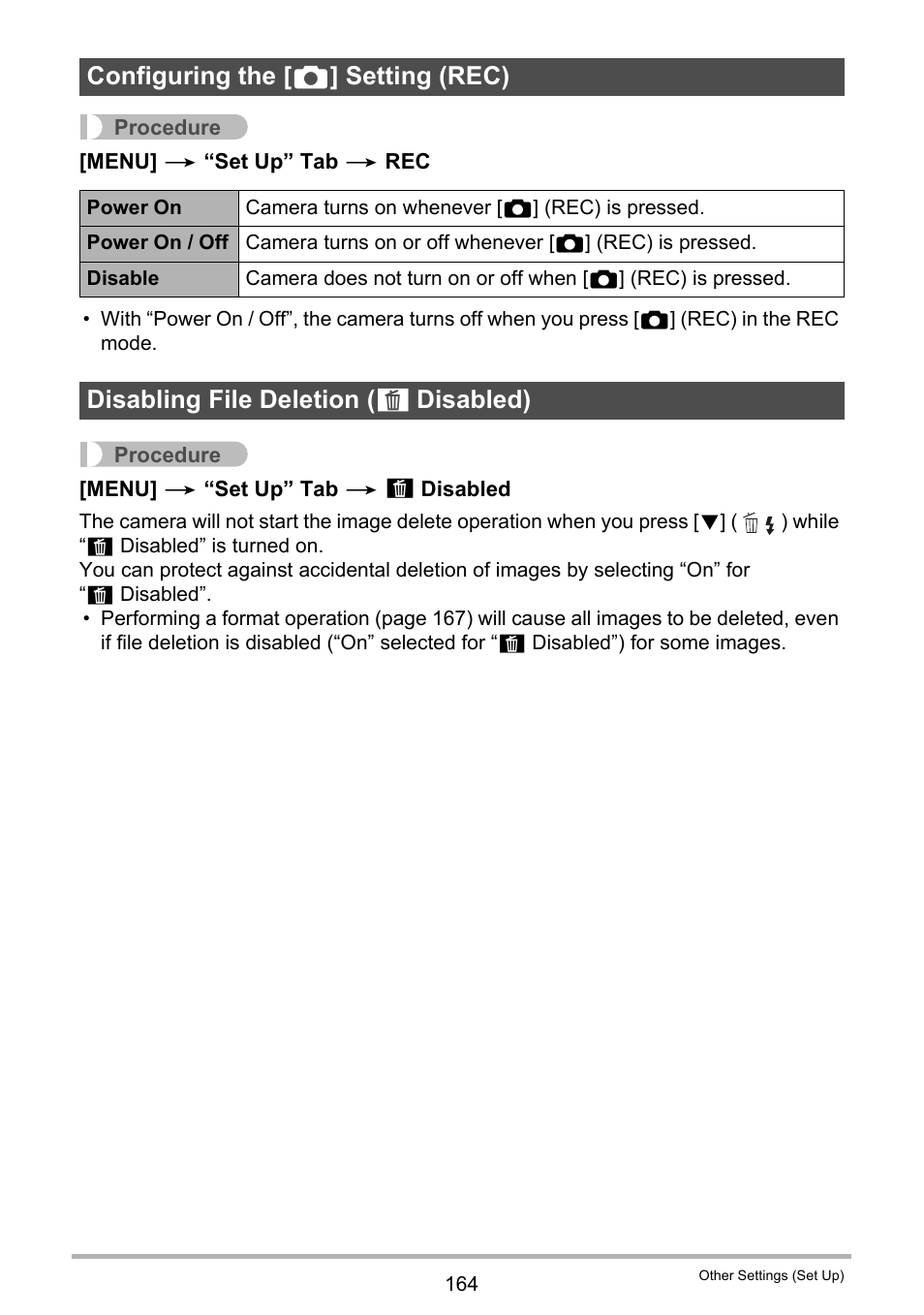 Configuring the [_] setting (rec), Disabling file deletion (_ disabled), Configuring the [ r ] setting (rec) | Disabling file deletion ( ü, Disabled) | Casio EXILIM EX-ZR20 User Manual | Page 164 / 197