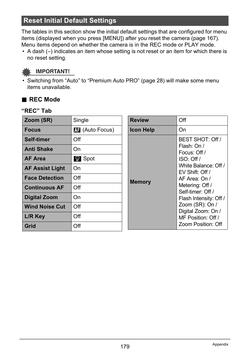 Reset initial default settings | Casio EXILIM EX-ZR20 User Manual | Page 179 / 197