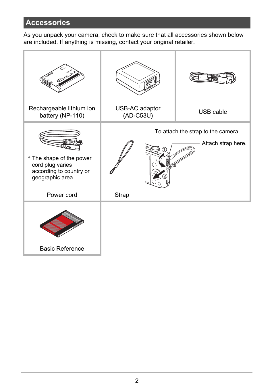 Accessories | Casio EXILIM EX-ZR20 User Manual | Page 2 / 197