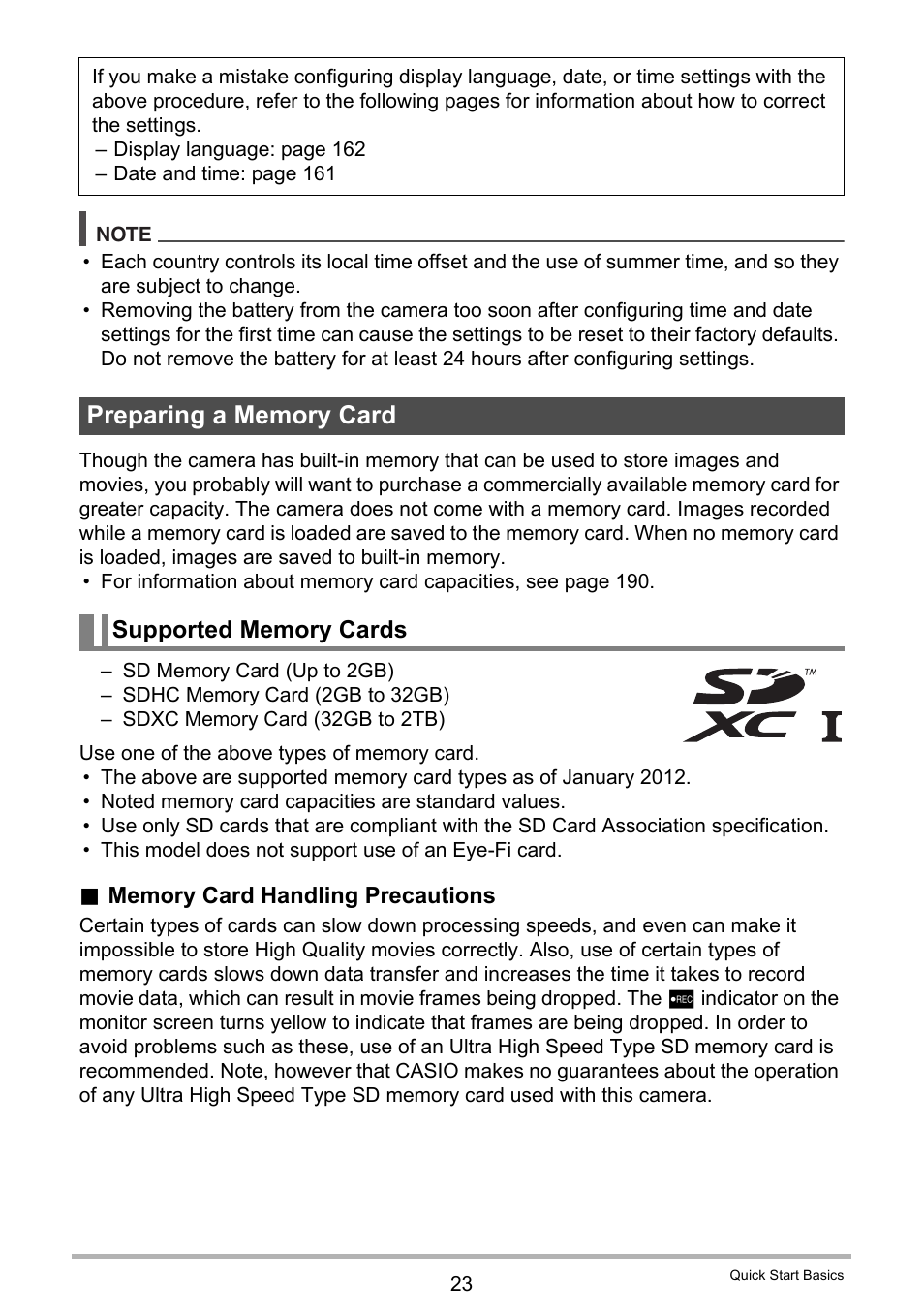 Preparing a memory card, Supported memory cards | Casio EXILIM EX-ZR20 User Manual | Page 23 / 197