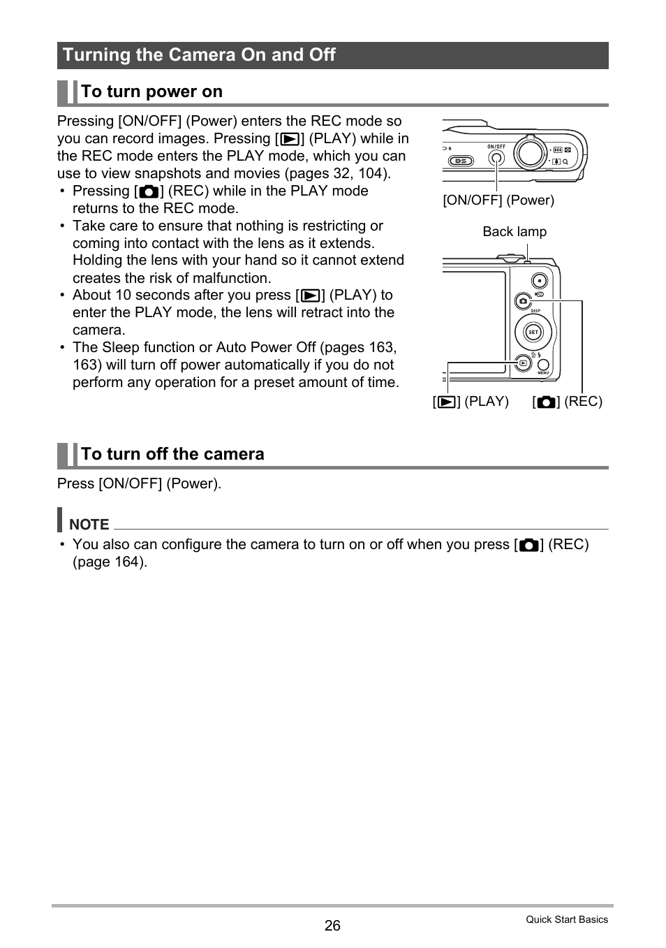 Turning the camera on and off, To turn power on, To turn off the camera | Casio EXILIM EX-ZR20 User Manual | Page 26 / 197