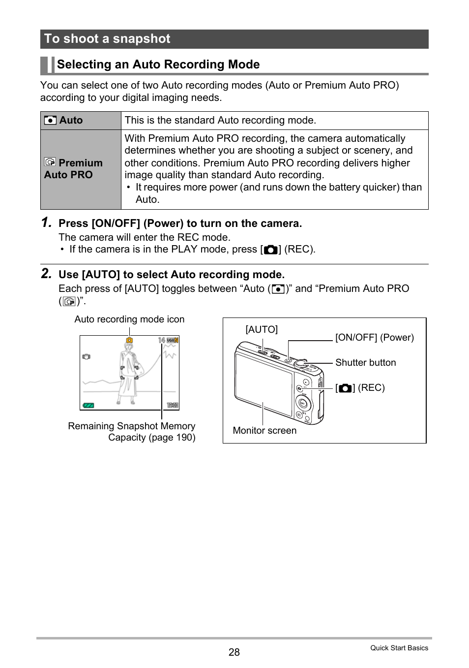 To shoot a snapshot, Selecting an auto recording mode | Casio EXILIM EX-ZR20 User Manual | Page 28 / 197