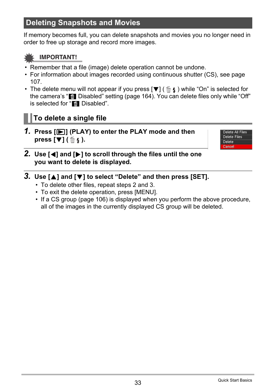 Deleting snapshots and movies, To delete a single file | Casio EXILIM EX-ZR20 User Manual | Page 33 / 197