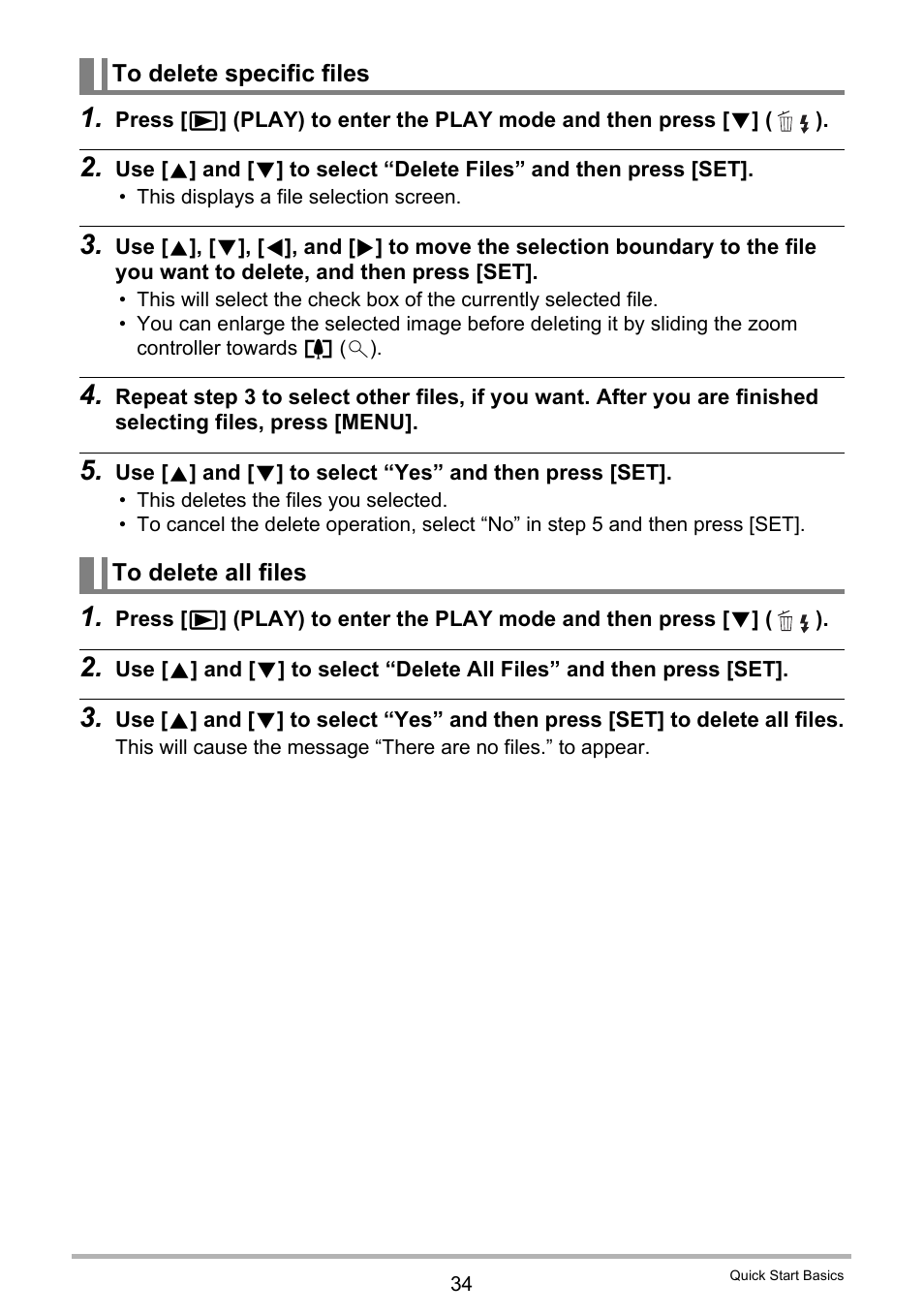 To delete specific files, To delete all files | Casio EXILIM EX-ZR20 User Manual | Page 34 / 197