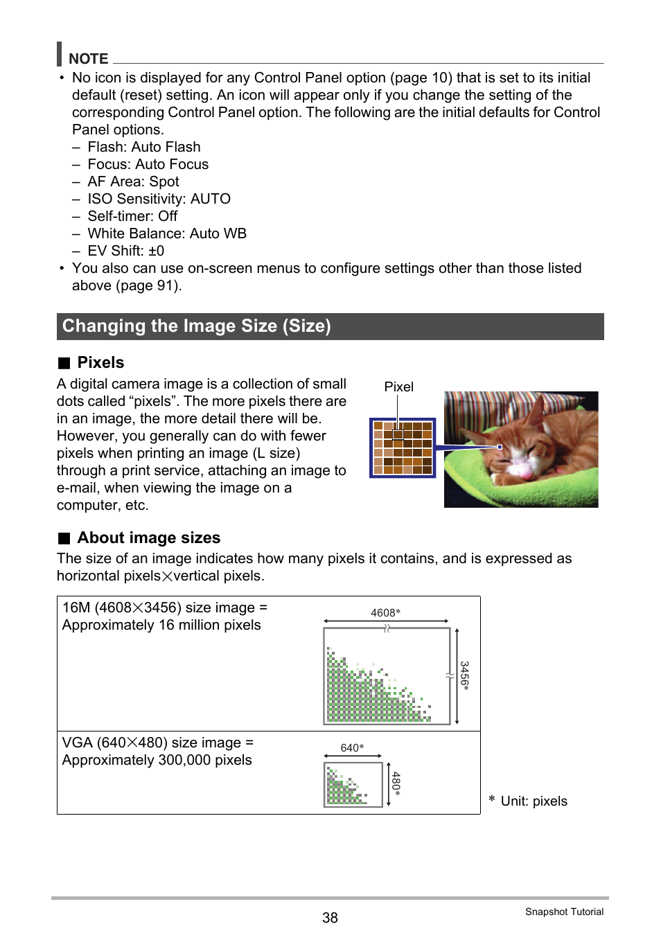 Changing the image size (size), Pixels, About image sizes | Casio EXILIM EX-ZR20 User Manual | Page 38 / 197