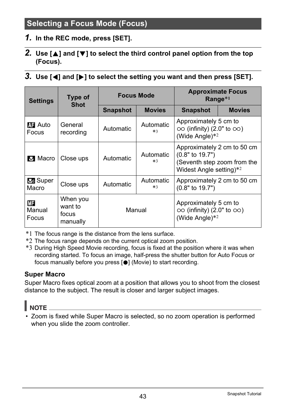 Selecting a focus mode (focus) | Casio EXILIM EX-ZR20 User Manual | Page 43 / 197