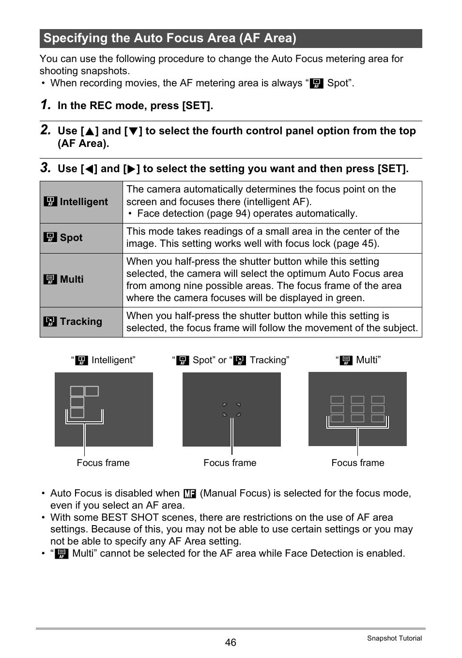 Specifying the auto focus area (af area), 46) for | Casio EXILIM EX-ZR20 User Manual | Page 46 / 197