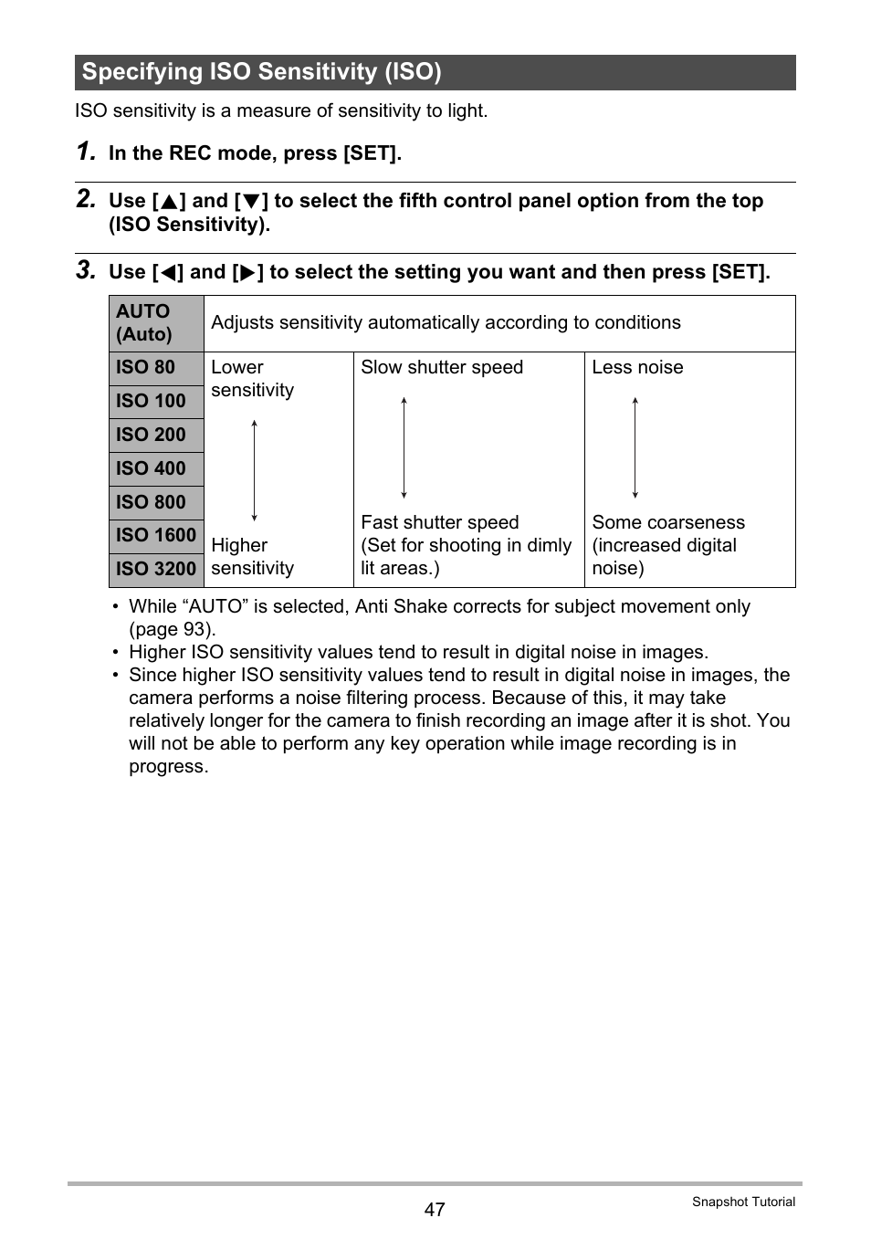 Specifying iso sensitivity (iso) | Casio EXILIM EX-ZR20 User Manual | Page 47 / 197