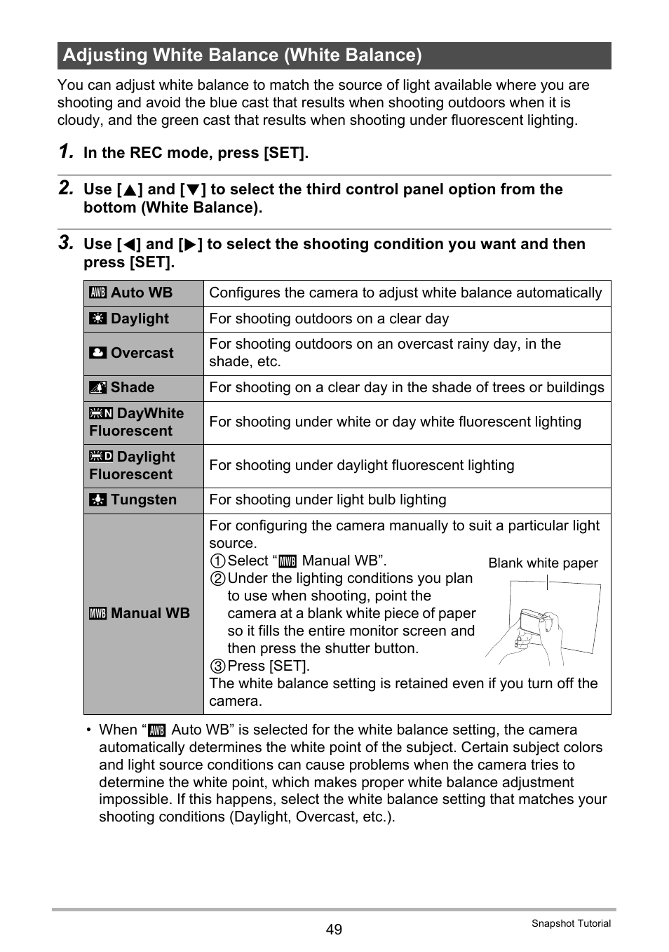 Adjusting white balance (white balance) | Casio EXILIM EX-ZR20 User Manual | Page 49 / 197