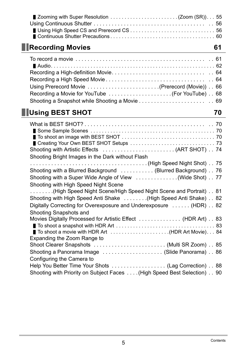 Recording movies 61, Using best shot 70 | Casio EXILIM EX-ZR20 User Manual | Page 5 / 197