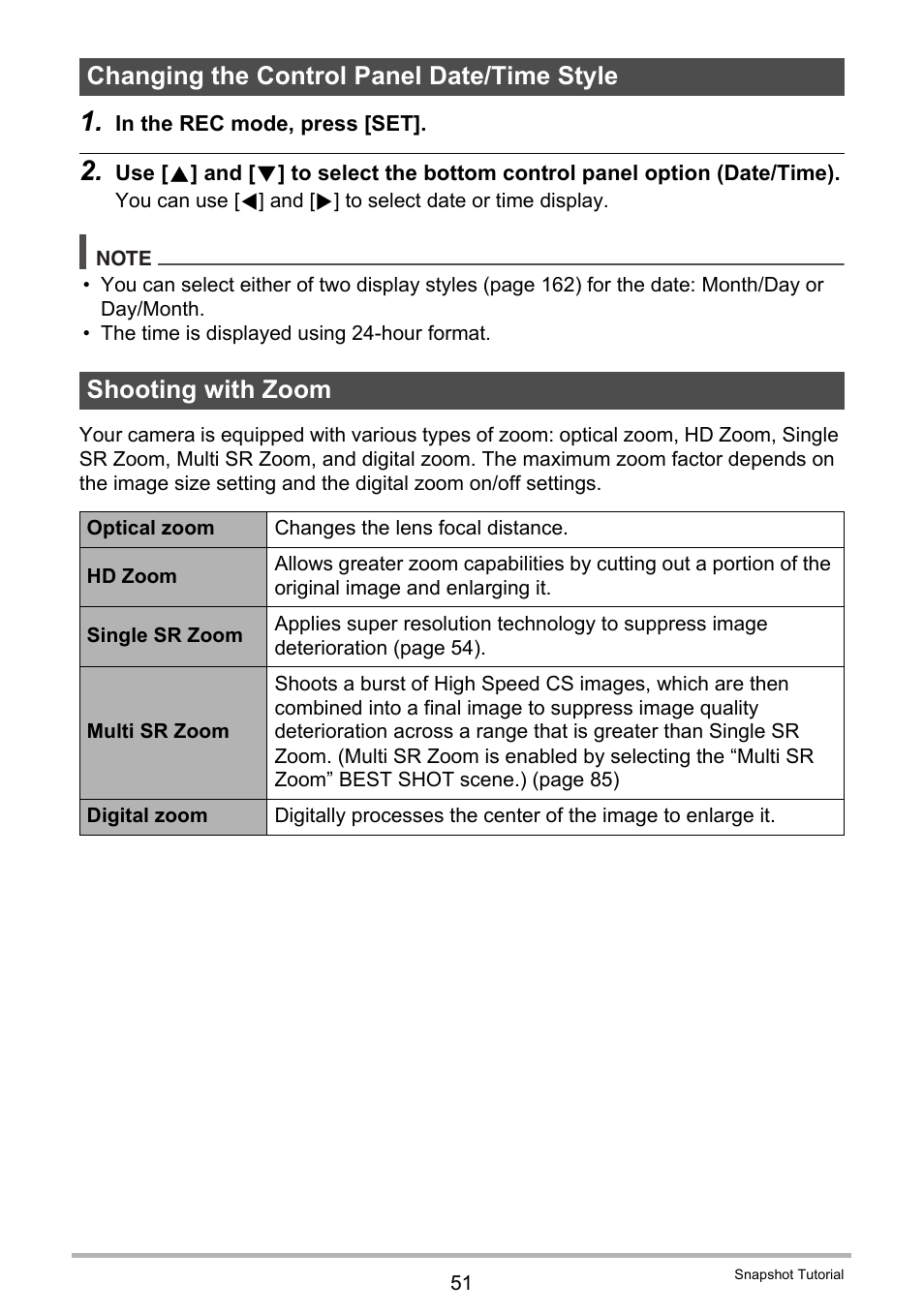 Changing the control panel date/time style, Shooting with zoom | Casio EXILIM EX-ZR20 User Manual | Page 51 / 197