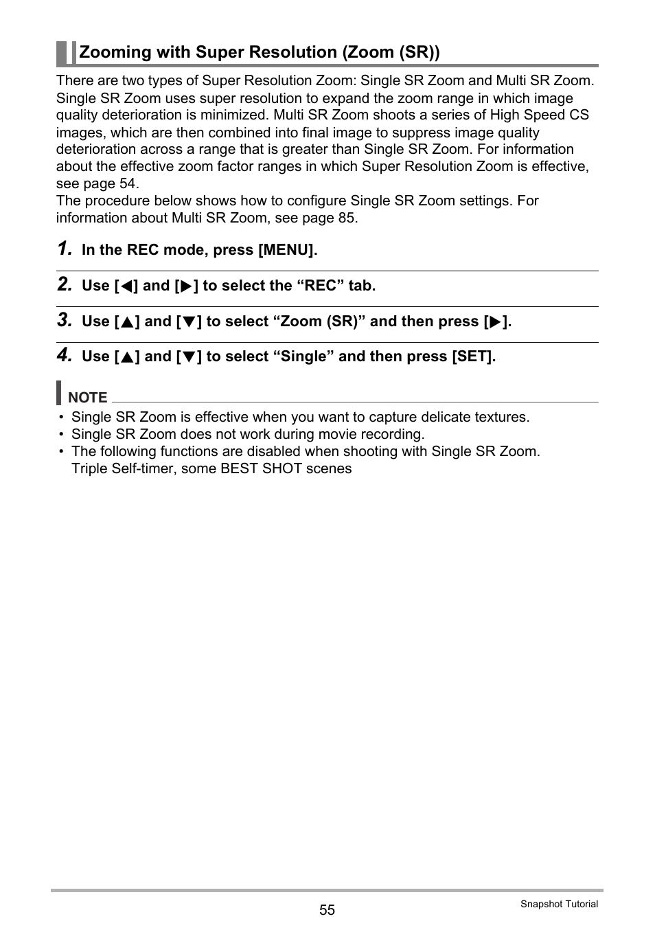 Zooming with super resolution (zoom (sr)) | Casio EXILIM EX-ZR20 User Manual | Page 55 / 197