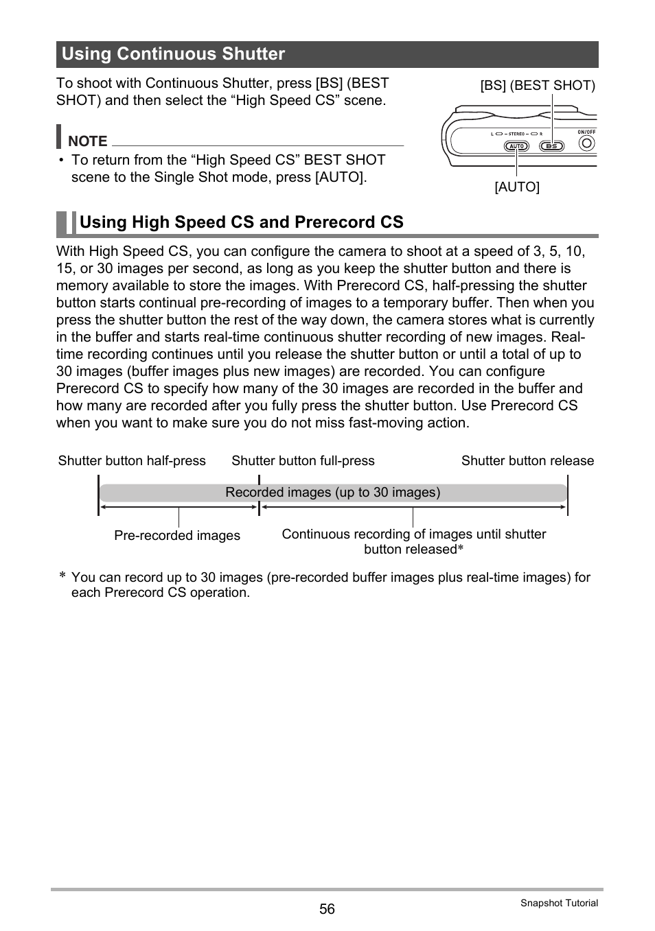 Using continuous shutter, Using high speed cs and prerecord cs | Casio EXILIM EX-ZR20 User Manual | Page 56 / 197