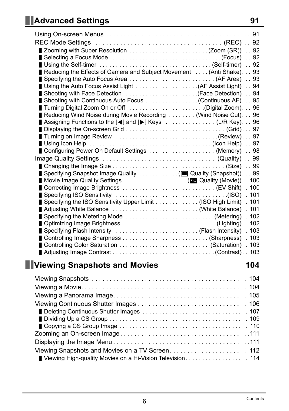 Advanced settings 91, Viewing snapshots and movies 104 | Casio EXILIM EX-ZR20 User Manual | Page 6 / 197