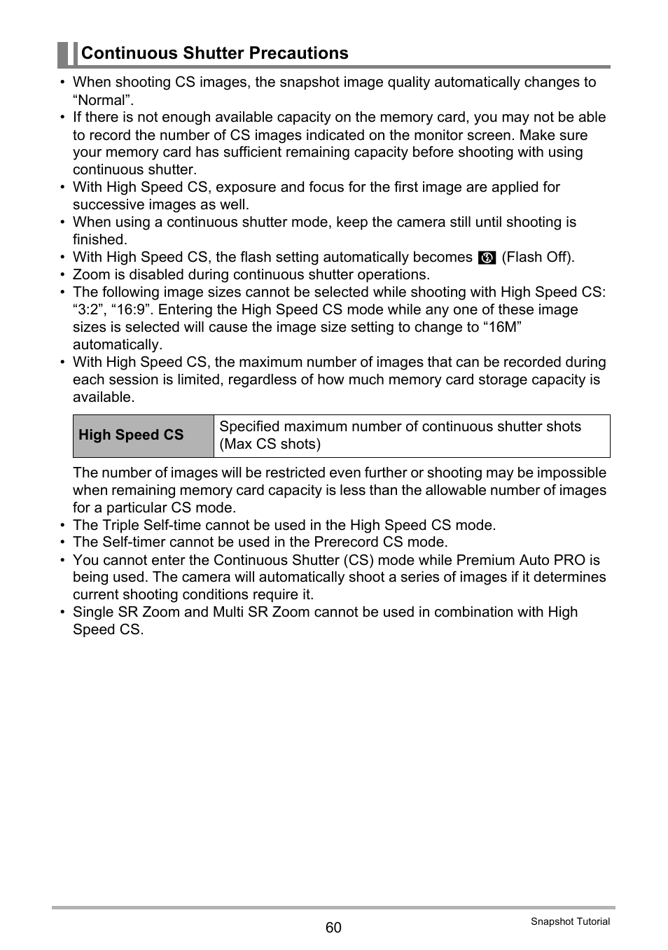 Continuous shutter precautions | Casio EXILIM EX-ZR20 User Manual | Page 60 / 197