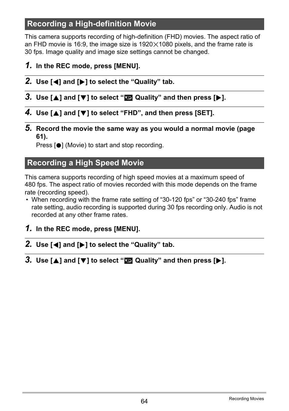 Recording a high-definition movie, Recording a high speed movie, Age 64 | Casio EXILIM EX-ZR20 User Manual | Page 64 / 197