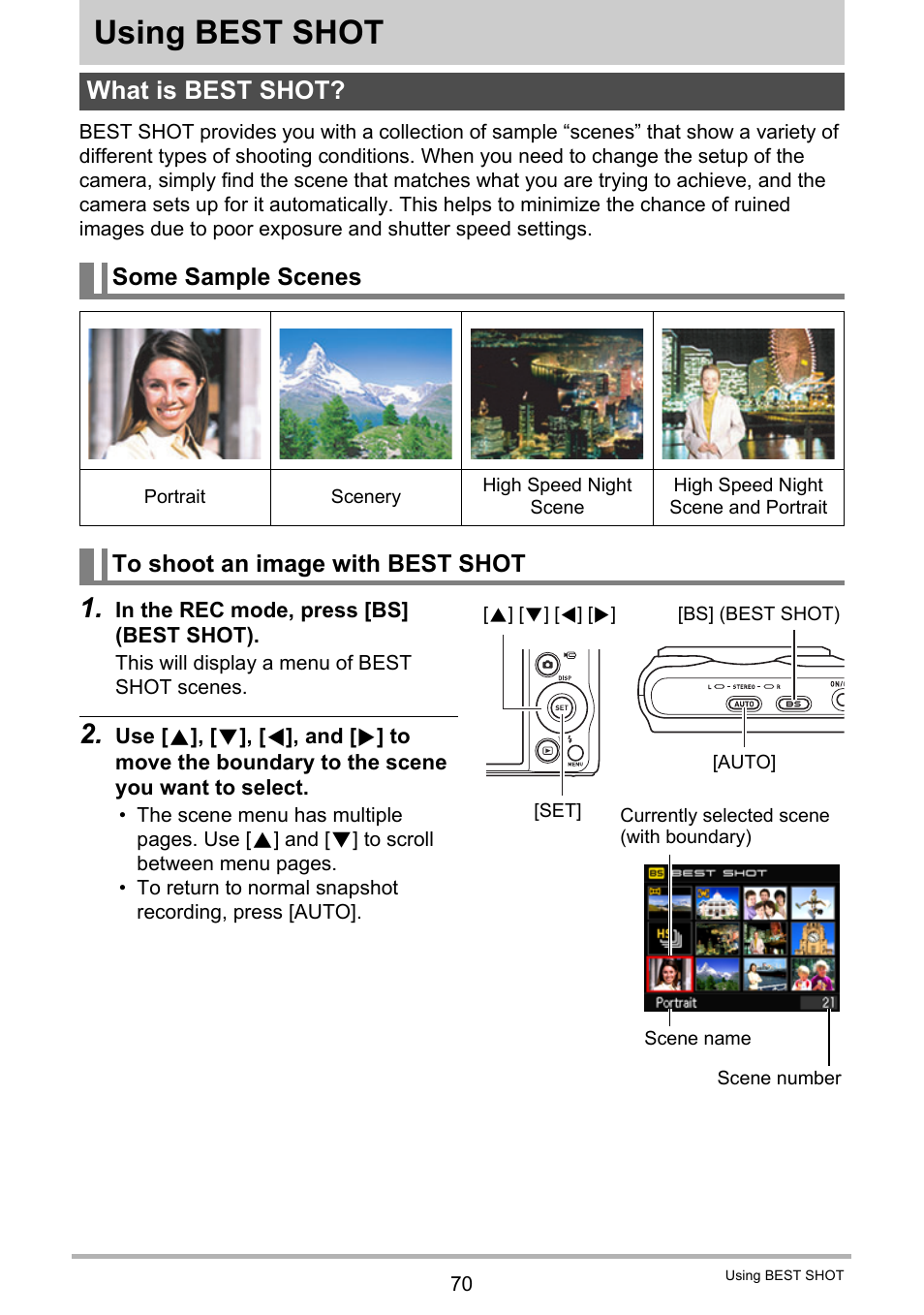 Using best shot, What is best shot, Some sample scenes | To shoot an image with best shot, 70), you can sel, Ge 70), o | Casio EXILIM EX-ZR20 User Manual | Page 70 / 197