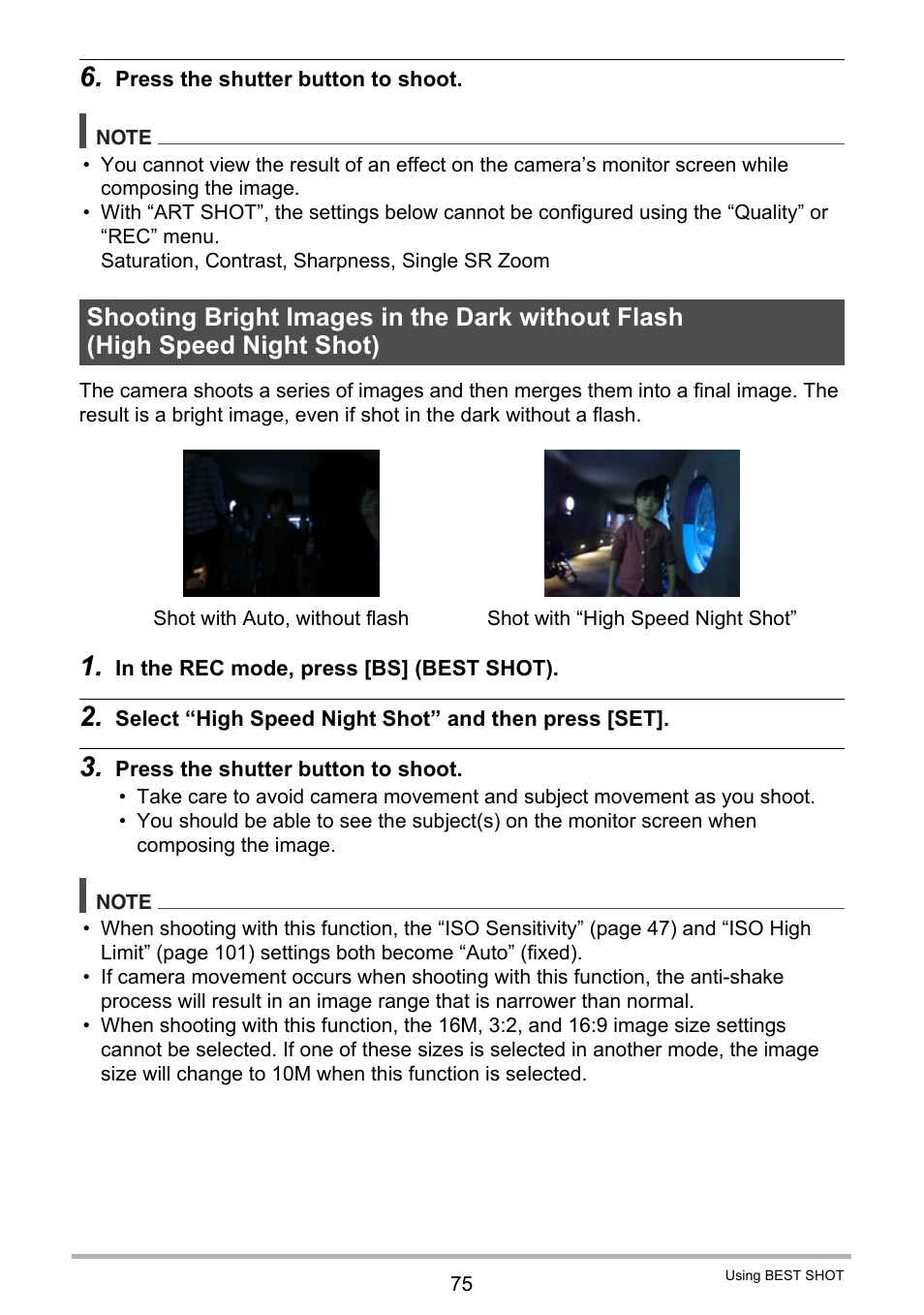 Shooting bright images in the dark without flash, High speed night shot) | Casio EXILIM EX-ZR20 User Manual | Page 75 / 197