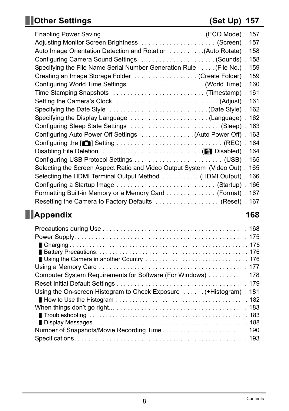 Other settings (set up) 157, Appendix 168 | Casio EXILIM EX-ZR20 User Manual | Page 8 / 197