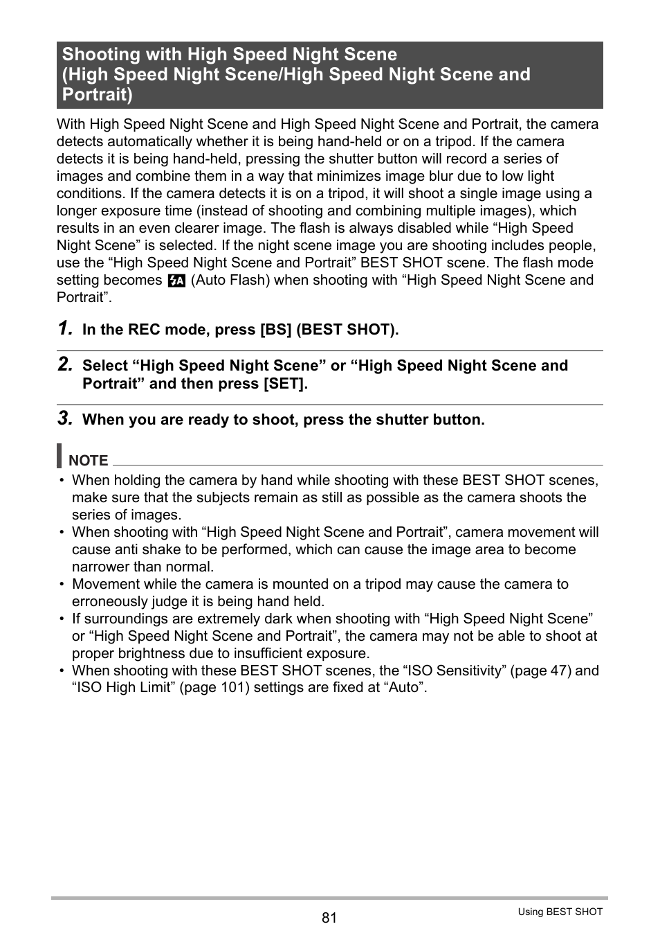 Shooting with high speed night scene | Casio EXILIM EX-ZR20 User Manual | Page 81 / 197
