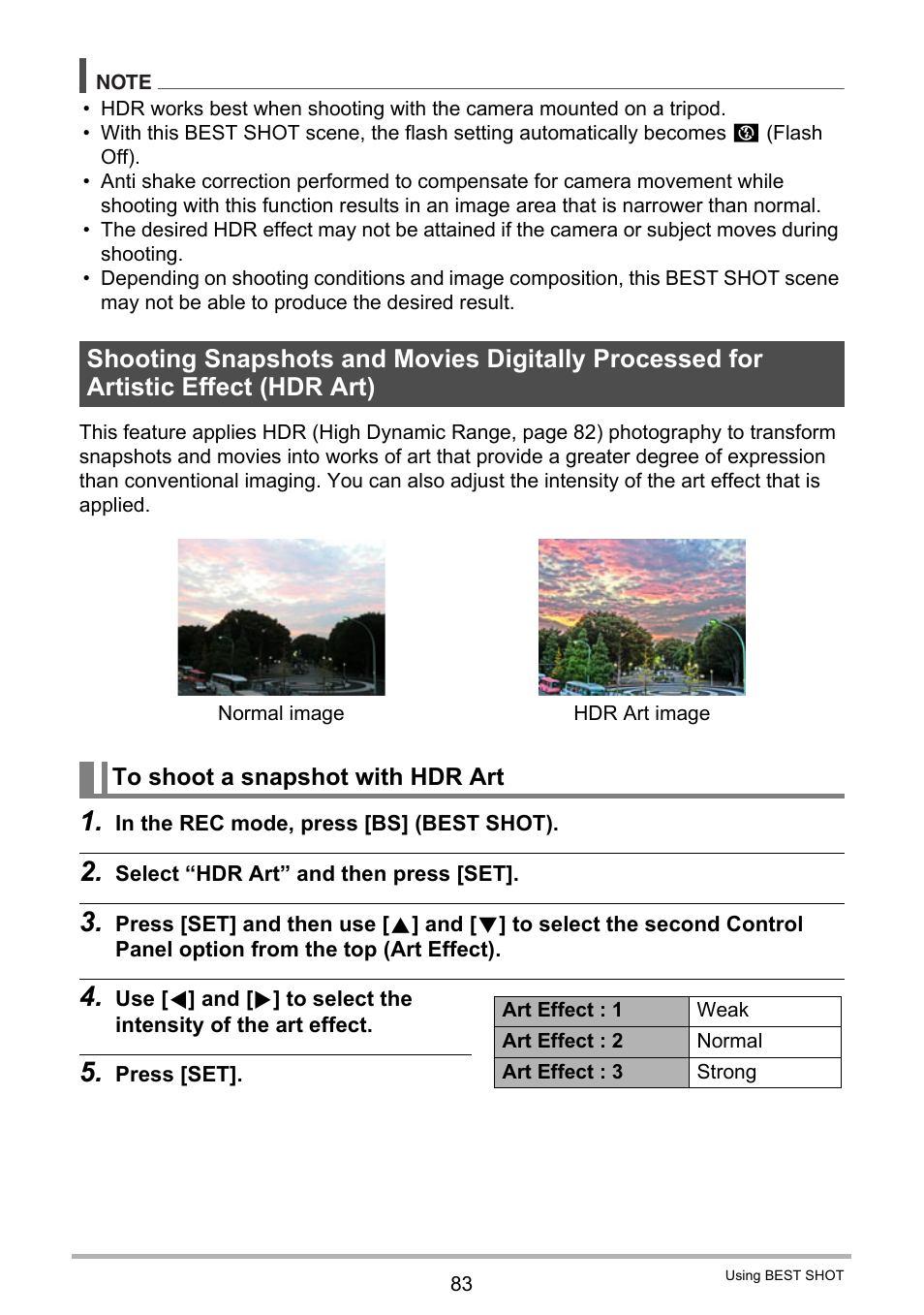 To shoot a snapshot with hdr art | Casio EXILIM EX-ZR20 User Manual | Page 83 / 197