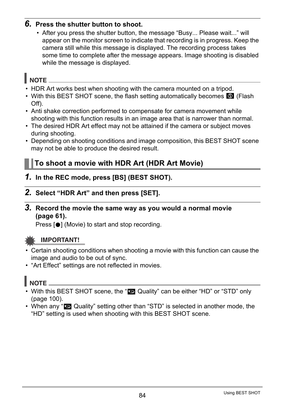 To shoot a movie with hdr art (hdr art movie) | Casio EXILIM EX-ZR20 User Manual | Page 84 / 197