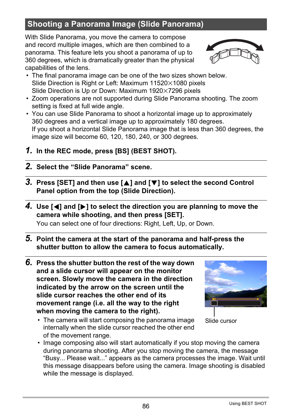Shooting a panorama image (slide panorama) | Casio EXILIM EX-ZR20 User Manual | Page 86 / 197