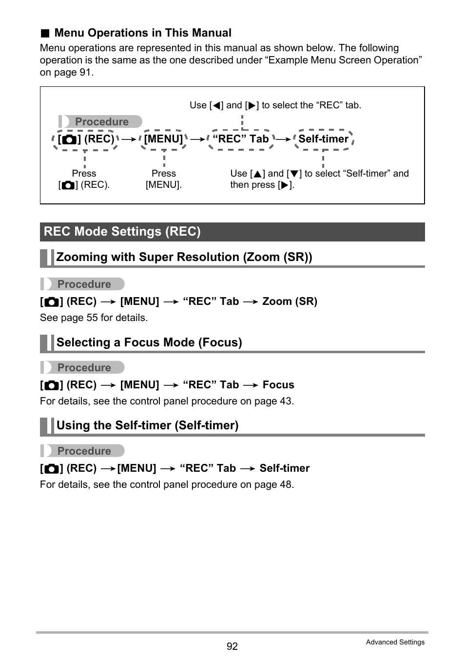 Rec mode settings (rec), Zooming with super resolution (zoom (sr)), Selecting a focus mode (focus) | Using the self-timer (self-timer) | Casio EXILIM EX-ZR20 User Manual | Page 92 / 197