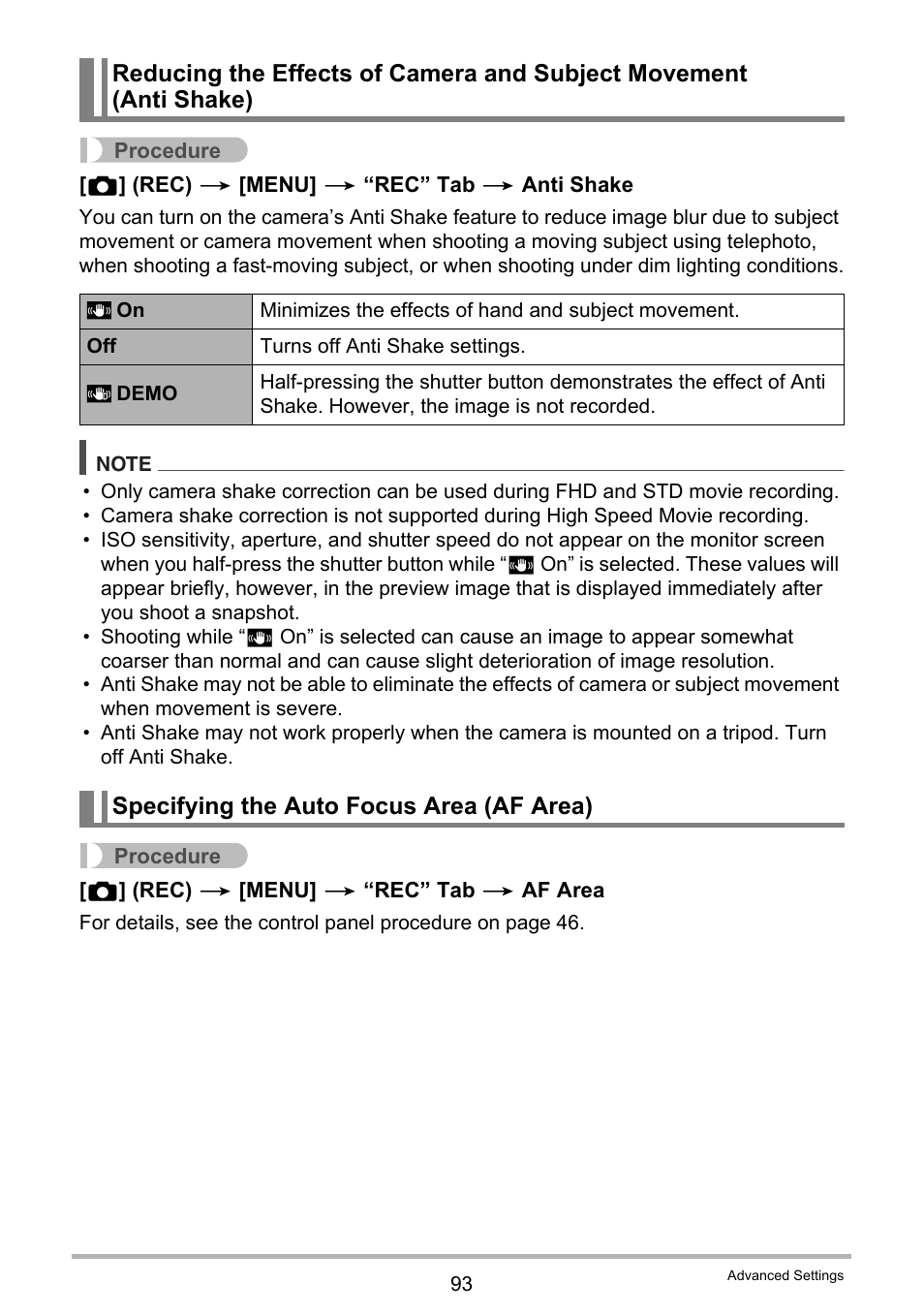 Specifying the auto focus area (af area) | Casio EXILIM EX-ZR20 User Manual | Page 93 / 197