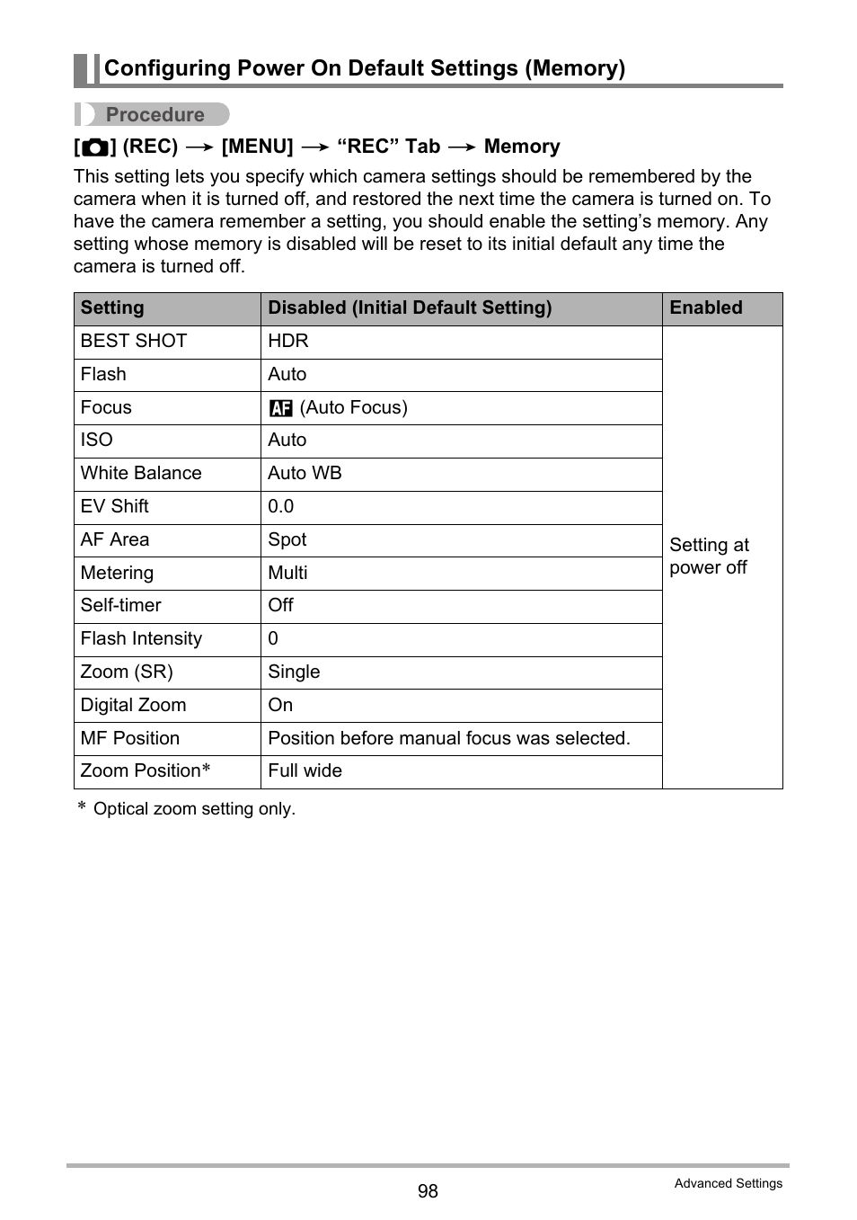 Configuring power on default settings (memory) | Casio EXILIM EX-ZR20 User Manual | Page 98 / 197