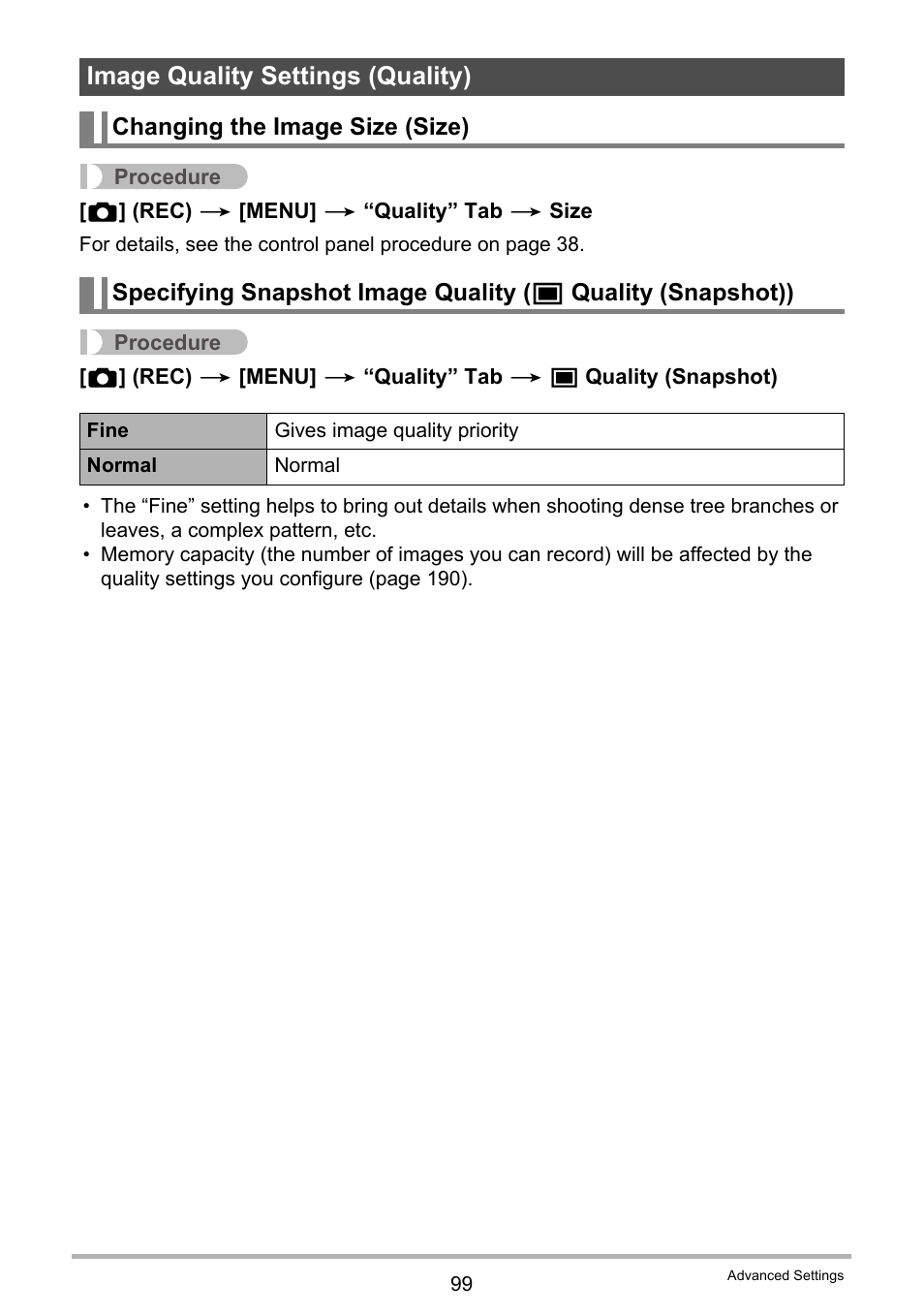 Image quality settings (quality), Changing the image size (size) | Casio EXILIM EX-ZR20 User Manual | Page 99 / 197