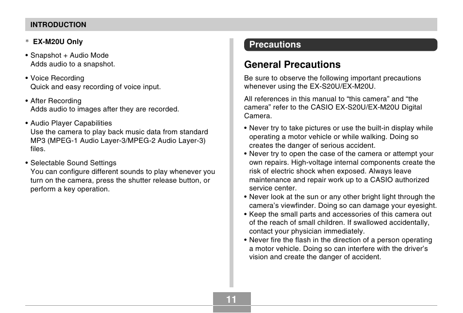 General precautions | Casio EX-M20U User Manual | Page 11 / 54