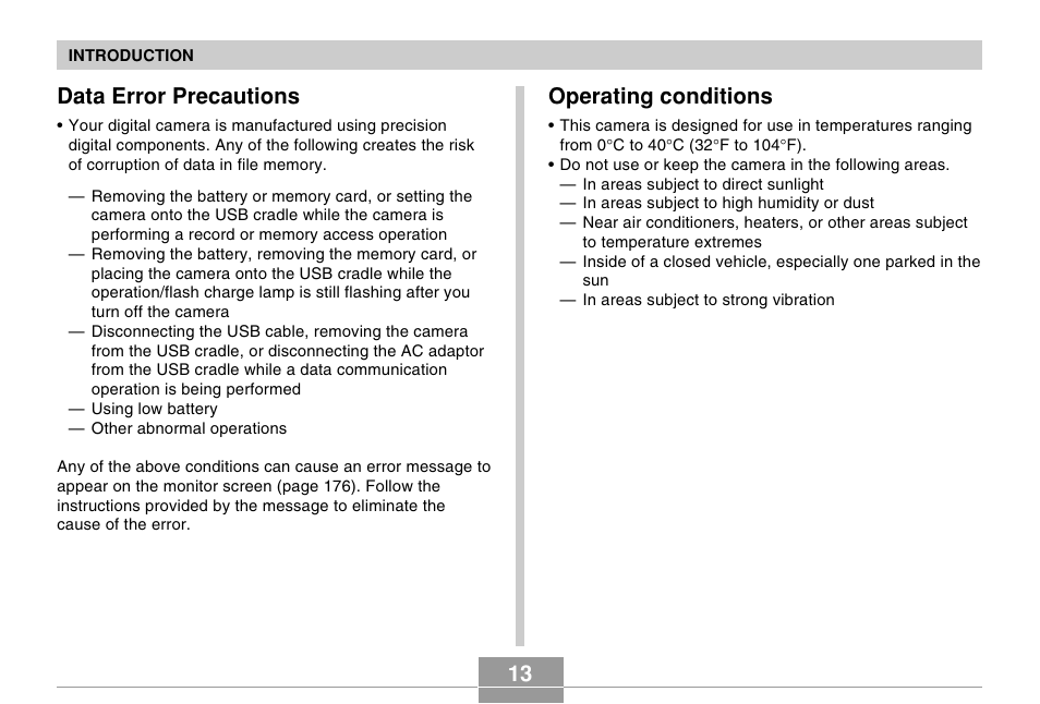 13 data error precautions, Operating conditions | Casio EX-M20U User Manual | Page 13 / 54