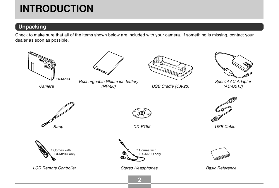 Introduction, Unpacking | Casio EX-M20U User Manual | Page 2 / 54