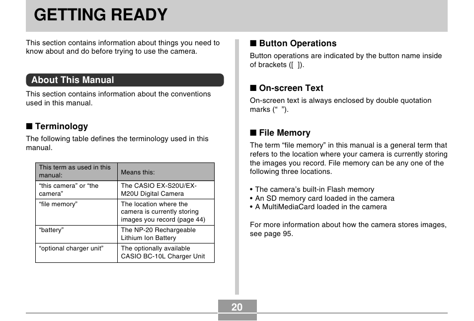 Getting ready | Casio EX-M20U User Manual | Page 20 / 54