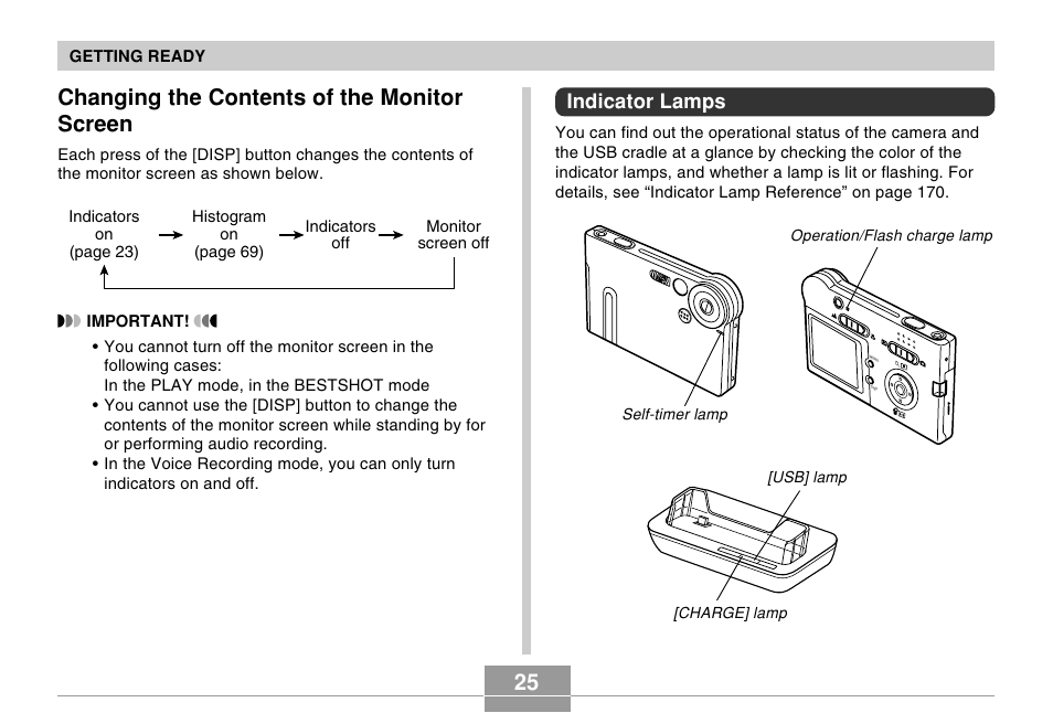 Changing the contents of the monitor screen, Indicator lamps | Casio EX-M20U User Manual | Page 25 / 54