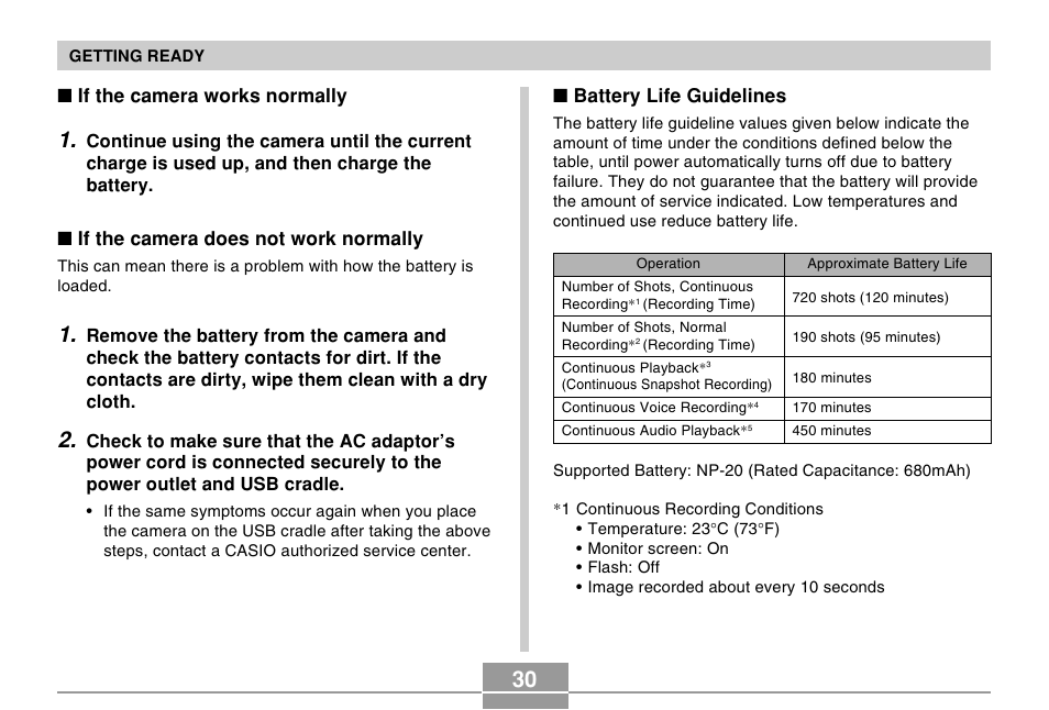 Battery life guidelines, If the camera works normally, If the camera does not work normally | Casio EX-M20U User Manual | Page 30 / 54