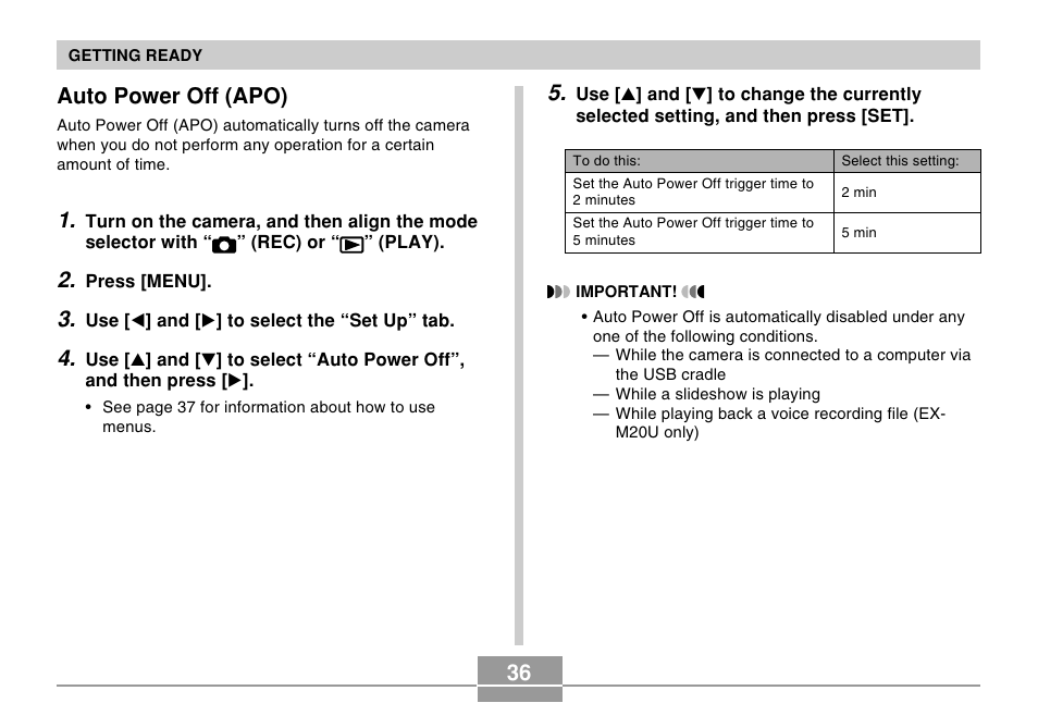 Auto power off (apo) | Casio EX-M20U User Manual | Page 36 / 54