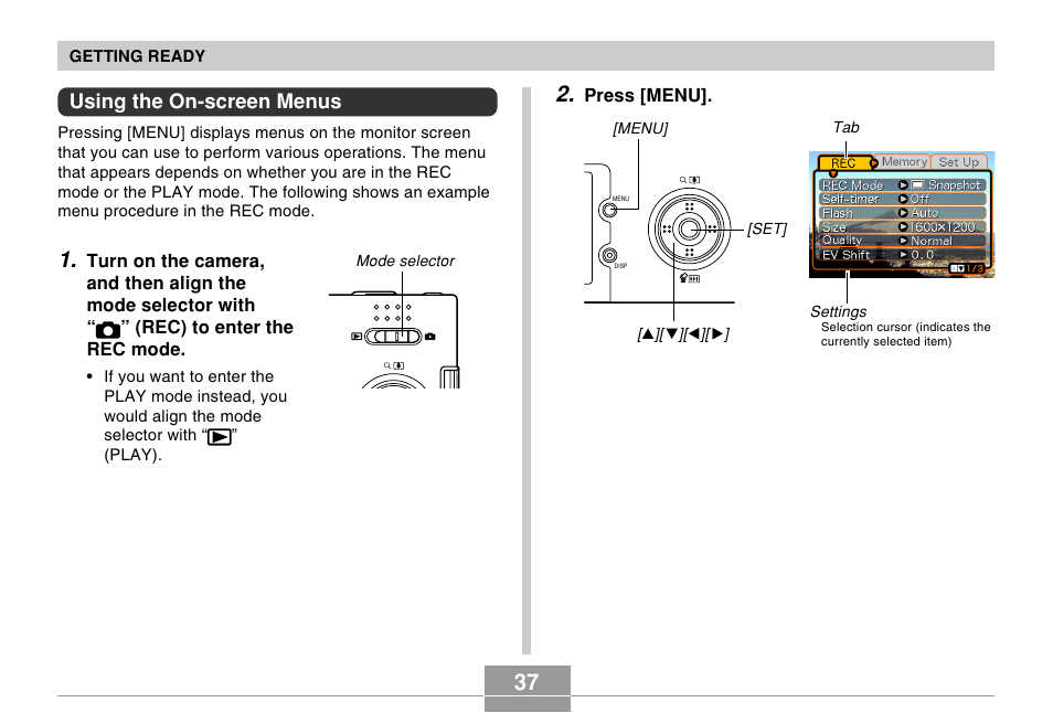Using the on-screen menus | Casio EX-M20U User Manual | Page 37 / 54