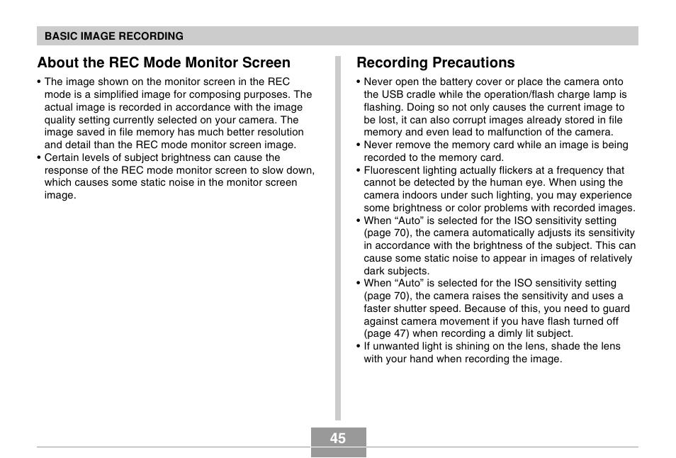 About the rec mode monitor screen, Recording precautions | Casio EX-M20U User Manual | Page 45 / 54